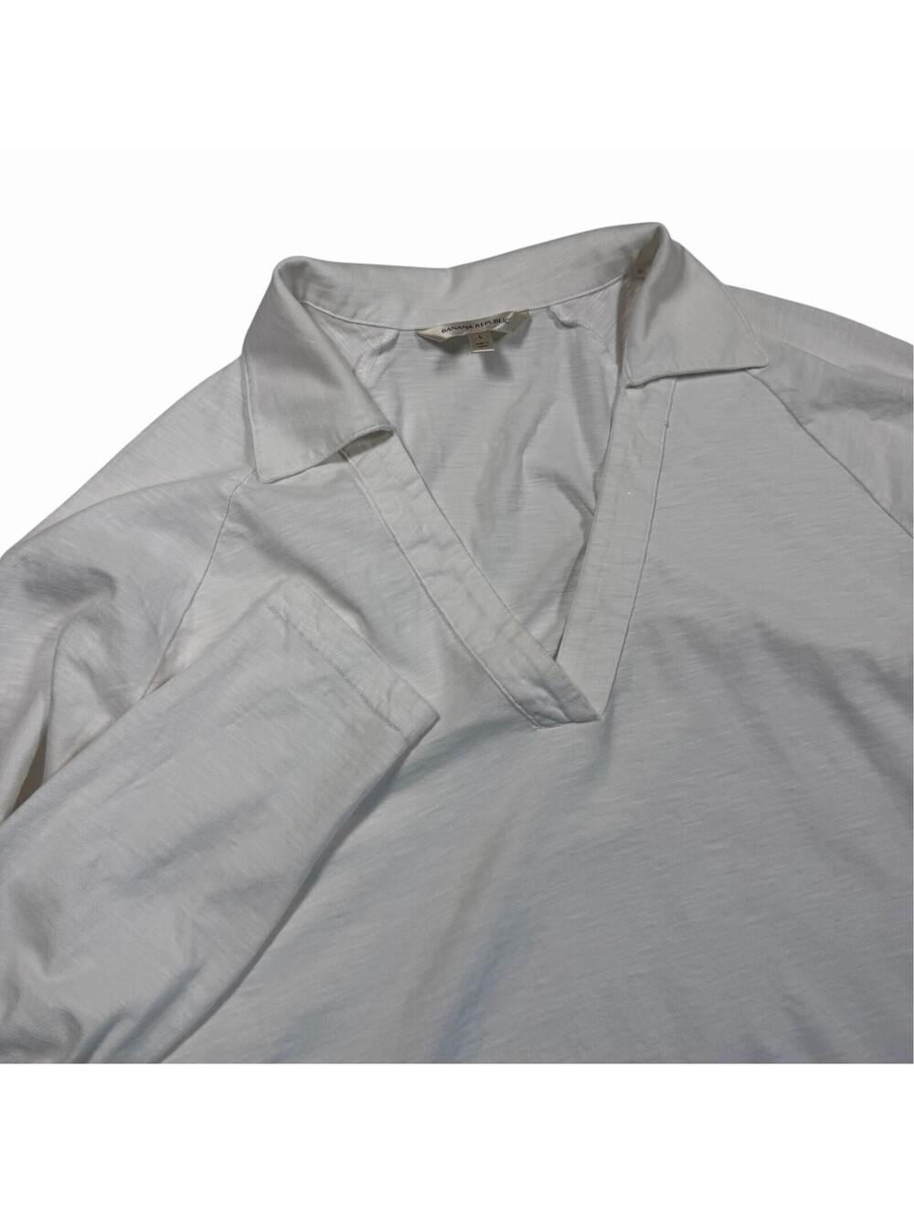 Banana Republic Women’s White Cotton Johnny Collar Long Sleeve Polo Shirt Size L